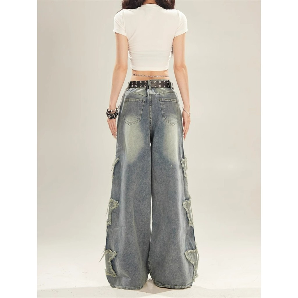 ลายดาวห้าแฉกกางเกงยีนส์อเมริกันกางเกงขาตรงผู้หญิงหลวมย้อนยุคกางเกงยีนส์ขากว้างผู้ชาย