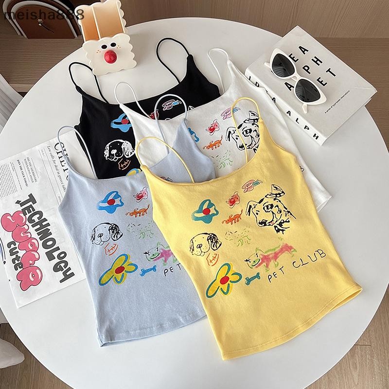 เมชา888แฟชั่นเกาหลีน่ารักท็อปส์สําหรับผู้หญิงจดหมายพิมพ์ปาเก็ตตี้สายเสื้อกล้ามในตัวชุดชั้นในร้อนหวาน