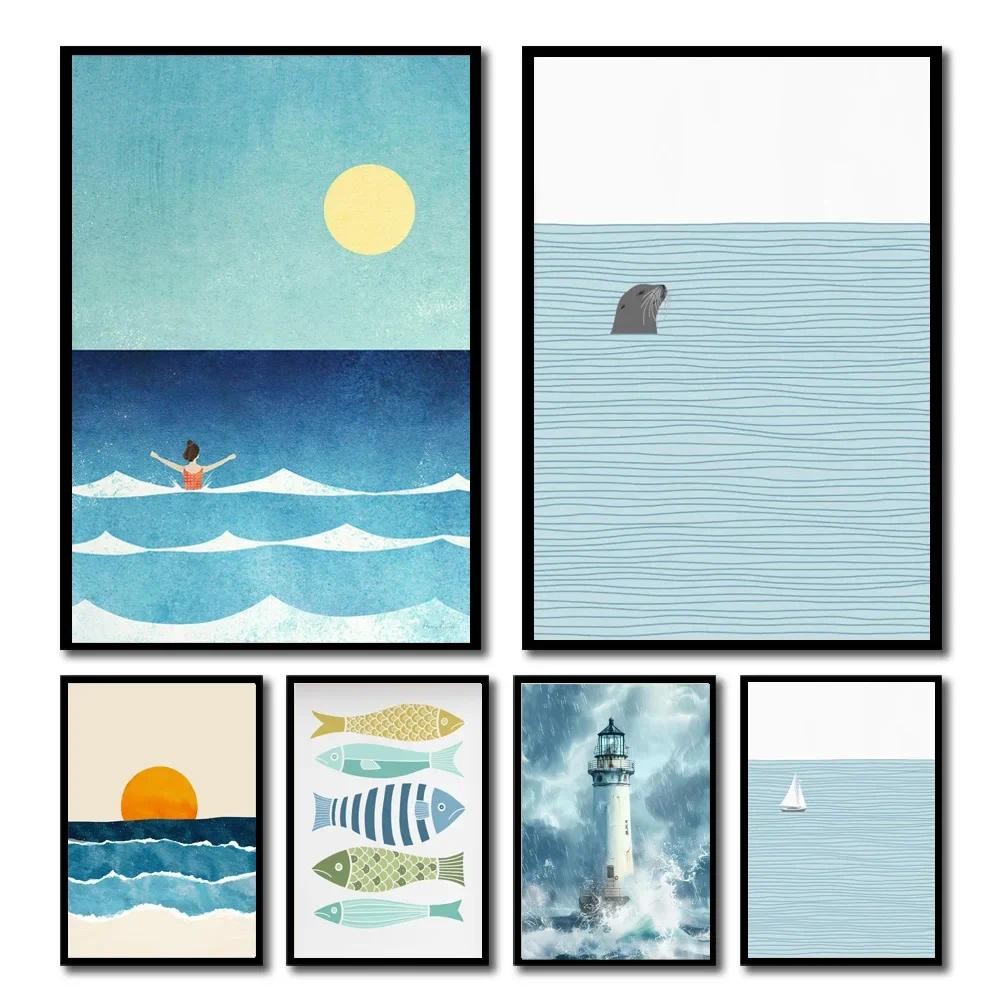 1 PC ความงาม Coastal ผ้าใบ Wall Art Seaside Beach นกปลาตกแต่งบ้านโมเดิร์น Ocean Waves Minimalist พิมพ์ Vintage โปสเตอร์