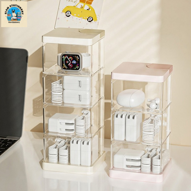 ชั้นวางของลิ้นชักหลายชั้น แบบหมุน  เครื่องสำอาง มีฝาปิดด้านบน แบ่งชั้นลิ้นชักพลาสติกเก็บของจุกจิกบนโต๊ะ