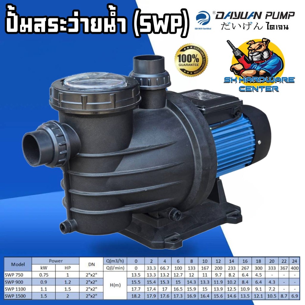 ปั้มสระว่ายน้ำ มีตัวกรองน้ำเข้า เกลียวใน 1.5นิ้ว กำลัง 750 - 1500วัตต์ ยี่ห้อ DAYUAN รุ่น SWP