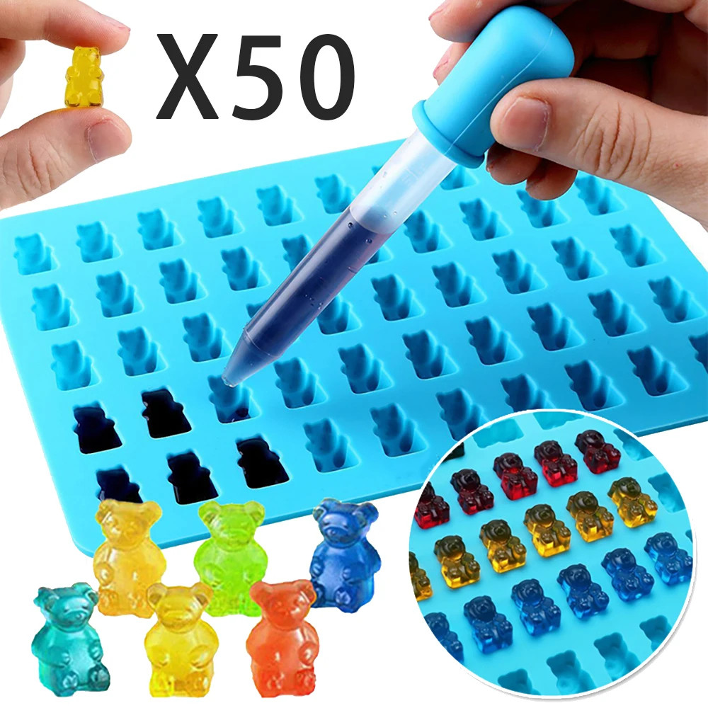 50 กริดซิลิโคน Gummy Bear แม่พิมพ์ชุด Precision Dropper - DIY ช็อกโกแลต, Fondant, Candy ทําเครื่องมือสําหรับเบเกอรี่ตกแต่ง