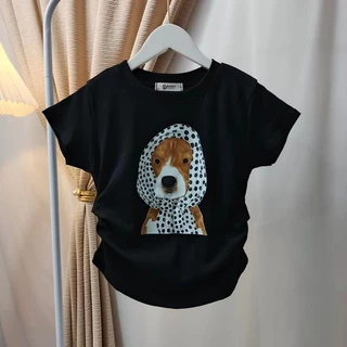 เสื้อยืดเข้ารูป ผ้ายืดยูนิยืดเยอะมาก สาวอวบใส่ได้ สกรีนลายน้องหมาผ้าคลุม ผ้านิ่มใส่สบาย ใส่เที่ยว สายคาเฟ่ต้องมี