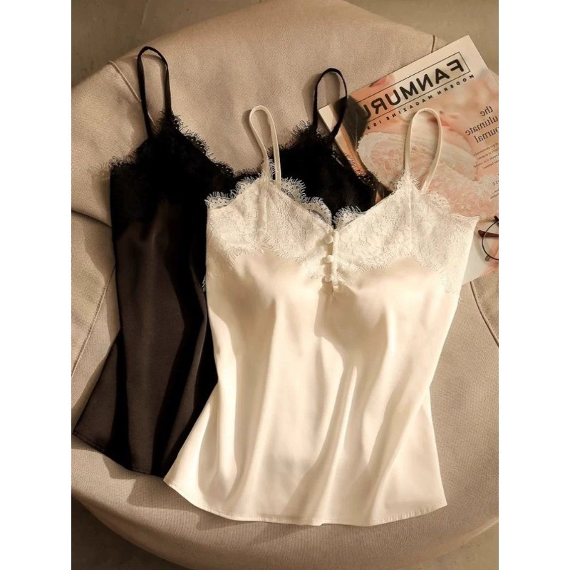 [สายเดี่ยว ขนาดใหญ่เกินไป] (40-150กิโลกรัม) อเนกประสงค์ลูกไม้ปาเก็ตตี้สายรัดด้านบนผู้หญิงขนาดบวกฤดูร้อนแขนกุดเลเยอร์ที่สําคัญสํานักงานสวมใส่สบายๆ เสื้อยืด