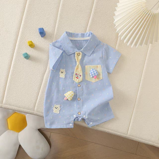 ฤดูร้อนใหม่เสื้อผ้าเด็กชายและหญิงสีฟ้าปกบอดี้สูทแขนสั้นผูก0-24เดือนสบายแฟชั่นการ์ตูนหมีไอศครีม ชุดรอมเปอร์ สไตล์เกาหลี