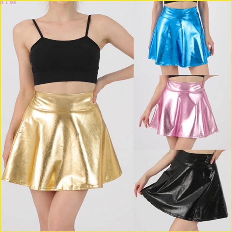 CLILI สตรีเอวยางยืด Shining Metallic เปียกดู Flared A Line กระโปรงมินิ