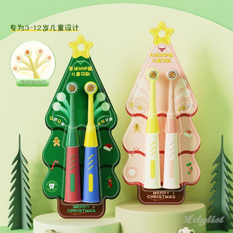 ღ แปรงสีฟันสำหรับเด็ก 3-12 ปี แพ็ค 2 ชิ้น แปรงสีฟันขนนุ่มลายการ์ตูนต้นคริสต์มาส
