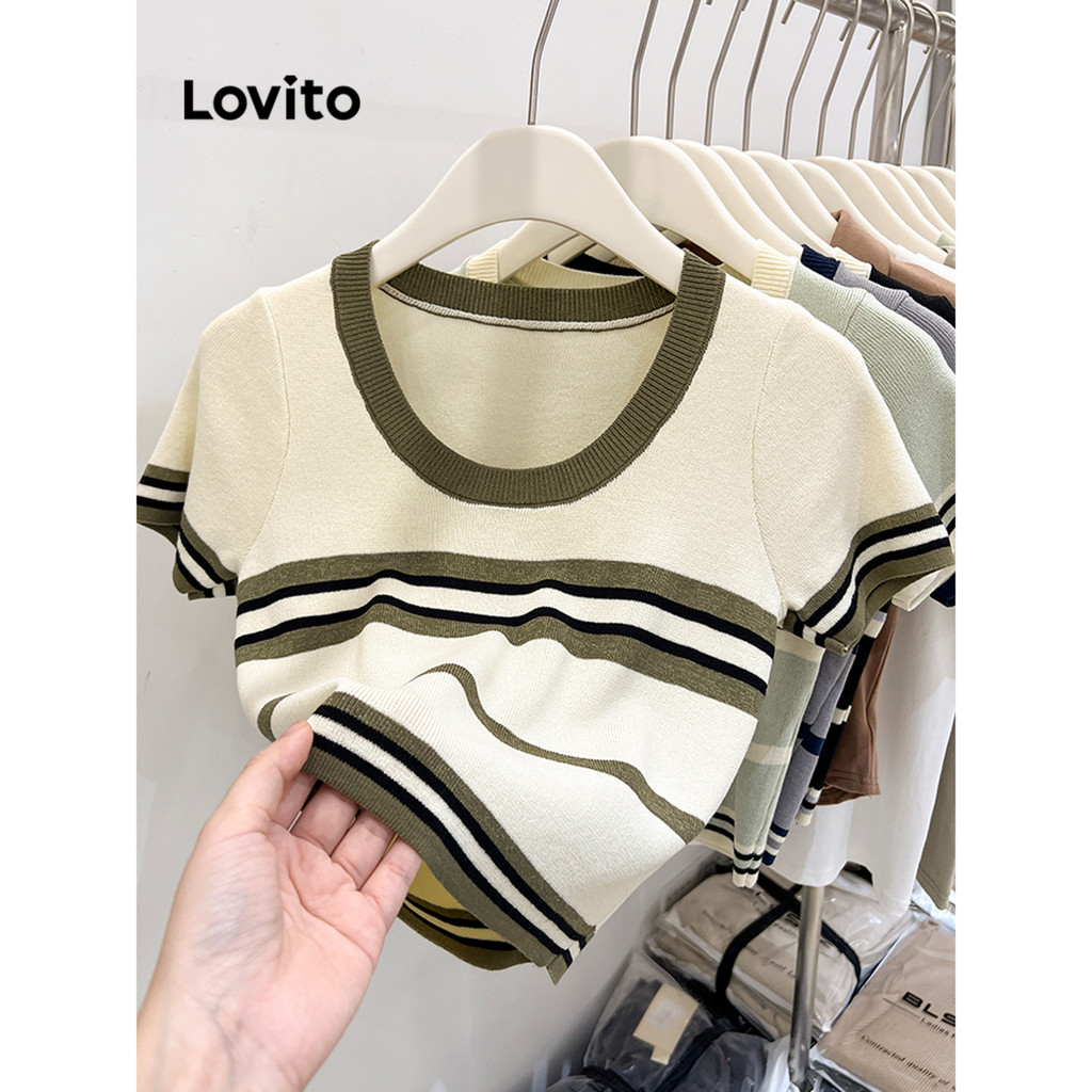 Lovito เสื้อยืดแขนสั้น ลายทาง สไตล์ลำลอง สำหรับผู้หญิง LNA21137 (สีแอปริคอต / สีดำ)