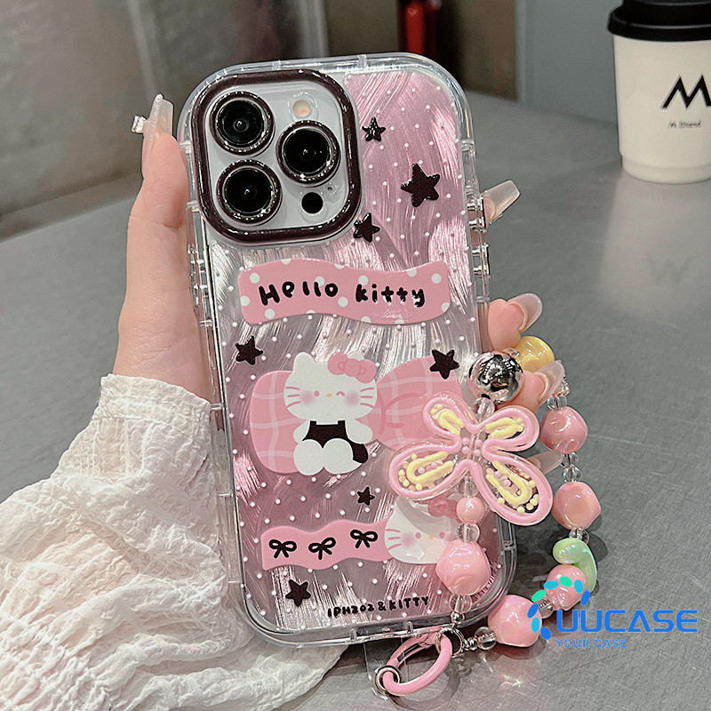Star Wave Dot Cat สายรัดข้อมือเคสโทรศัพท์สําหรับiPhone 11 12 13Pro Max 14Plus XR XS Max 7 8 Plus SE2020 การ์ตูนฝาครอบโทรศัพท์สําหรับIPhone 15Pro Maxสีชมพูดอกทิวลิปสร้อยข้อมือโซ่สาวNYS