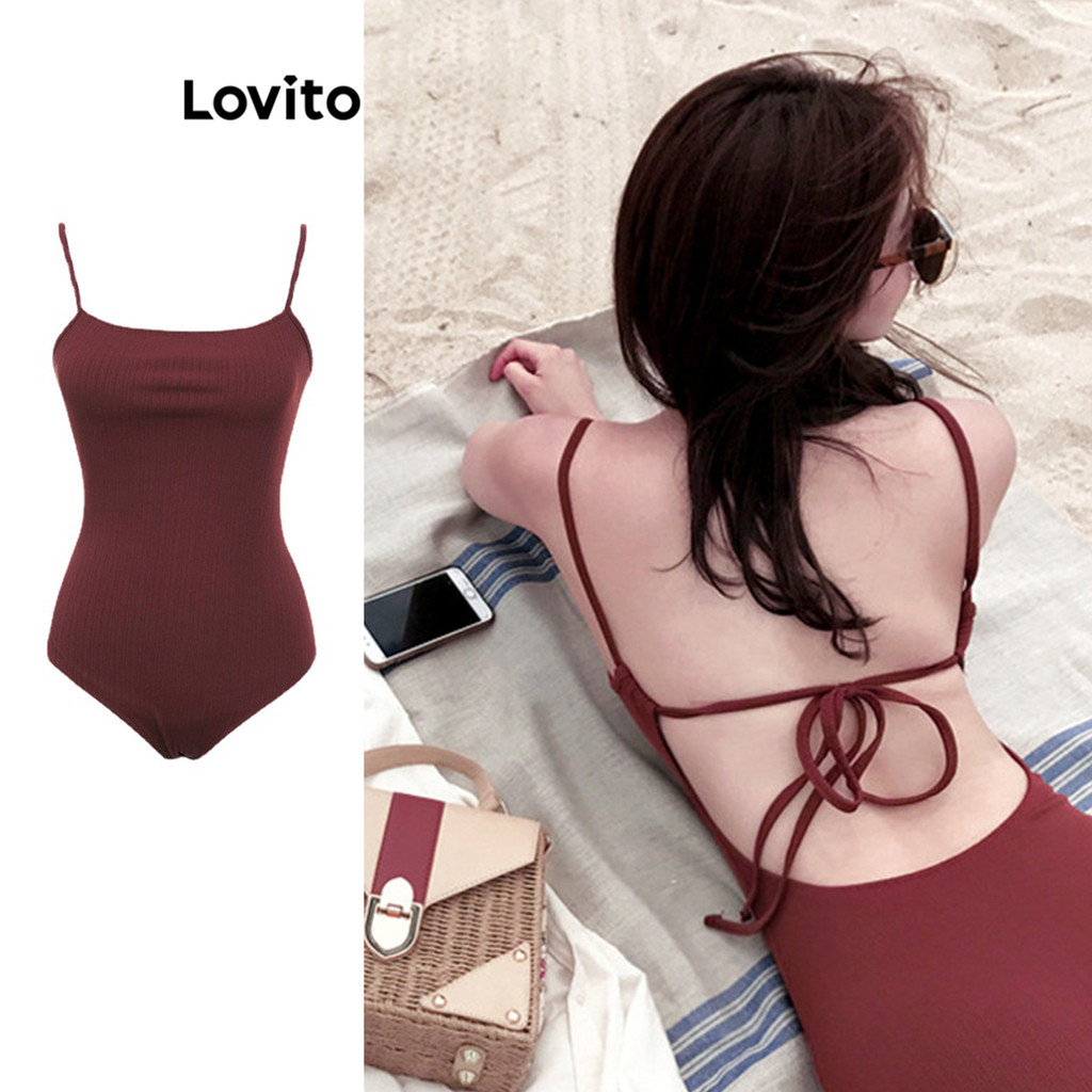 Lovito ชุดว่ายน้ำวันพีช ผูกหลัง เว้าหลัง สีพื้น เซ็กซี่ LNE49390
