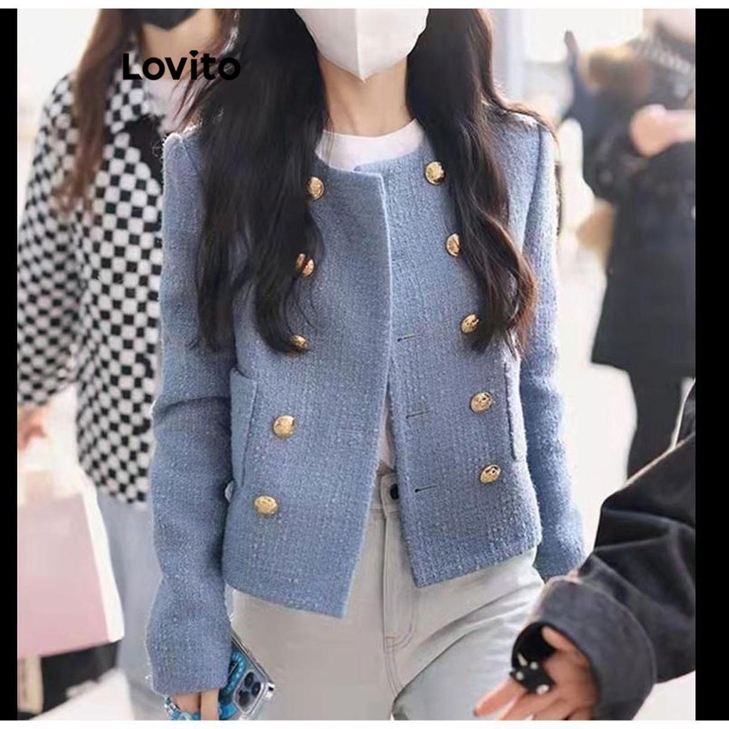 Lovito เสื้อเบลเซอร์ แขนยาว ติดกระดุม สําหรับผู้หญิง LNA38025 (สีฟ้า)