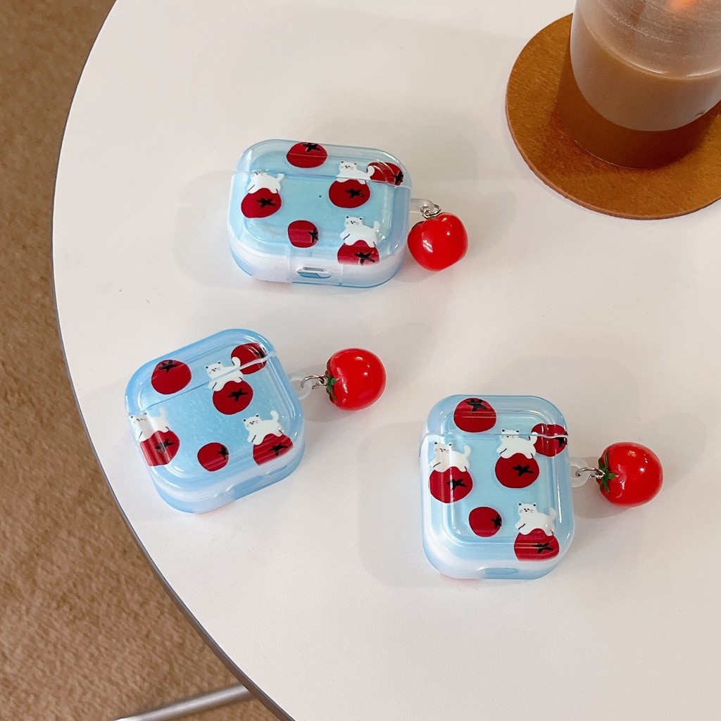 มะเขือเทศแมวการ์ตูนสแควร์กรณีเข้ากันได้สําหรับ แอร์พอด AIRPODS 4 PRO1/2/3 PRO2 ไร้สายบลูทูธหูฟังกันกระแทกปกนุ่ม ทีพียู ใสป้องกันปลอกกับจี้