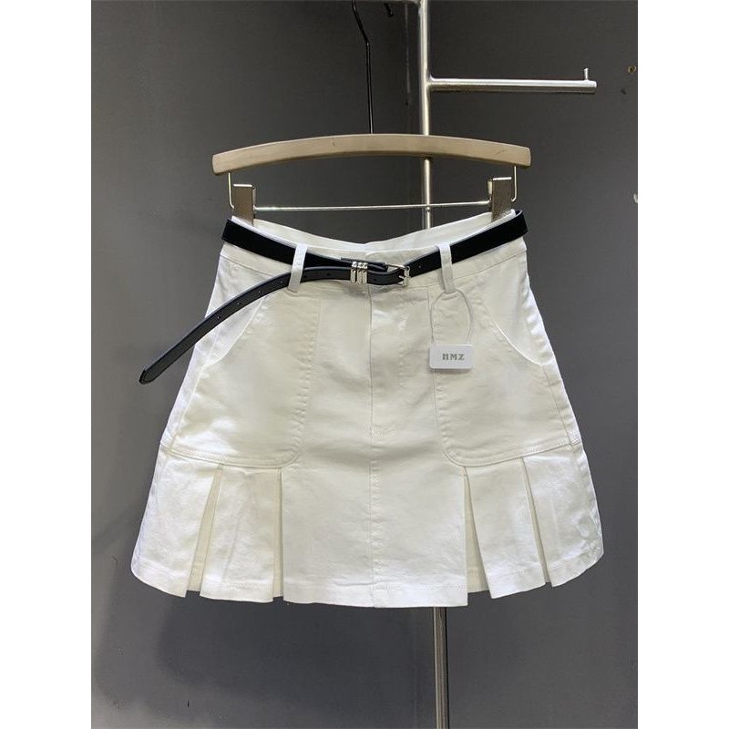 White Denim Pleated Skirt2024Summer New Korean Style Hot Girl High Waist Anti-Exposure Lined Hip Skirt for Women