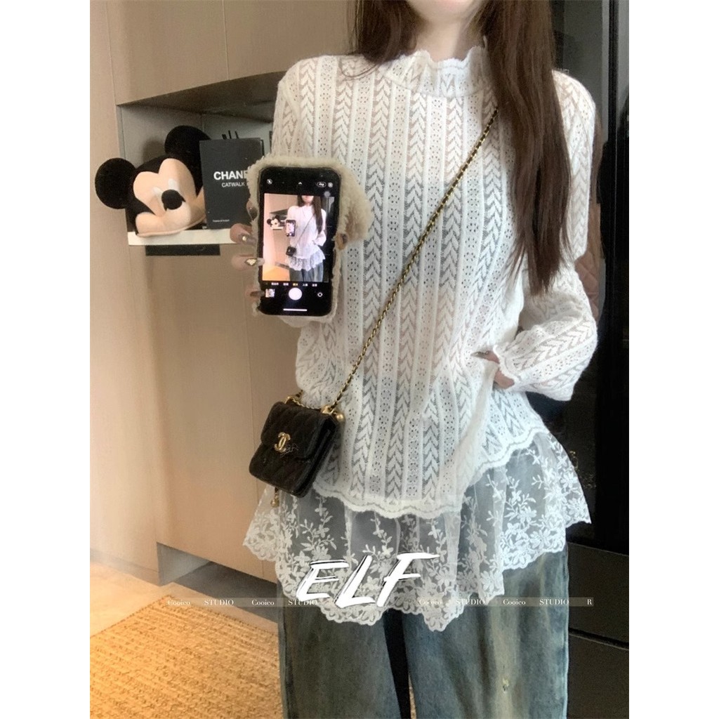 เสื้อเชียร์ลูกไม้คอสูงครึ่งแขนยาวสีขาว