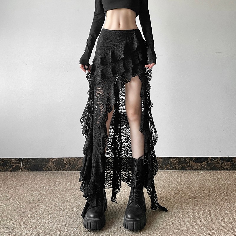 Kliou Solid Skinny กระโปรงลูกไม้เอวสูง Stacked & Ruched Hip-Covering Hollow Out ริบบิ้นแฟชั่นลําลองเซ็กซี่สไตล์อเนกประสงค์