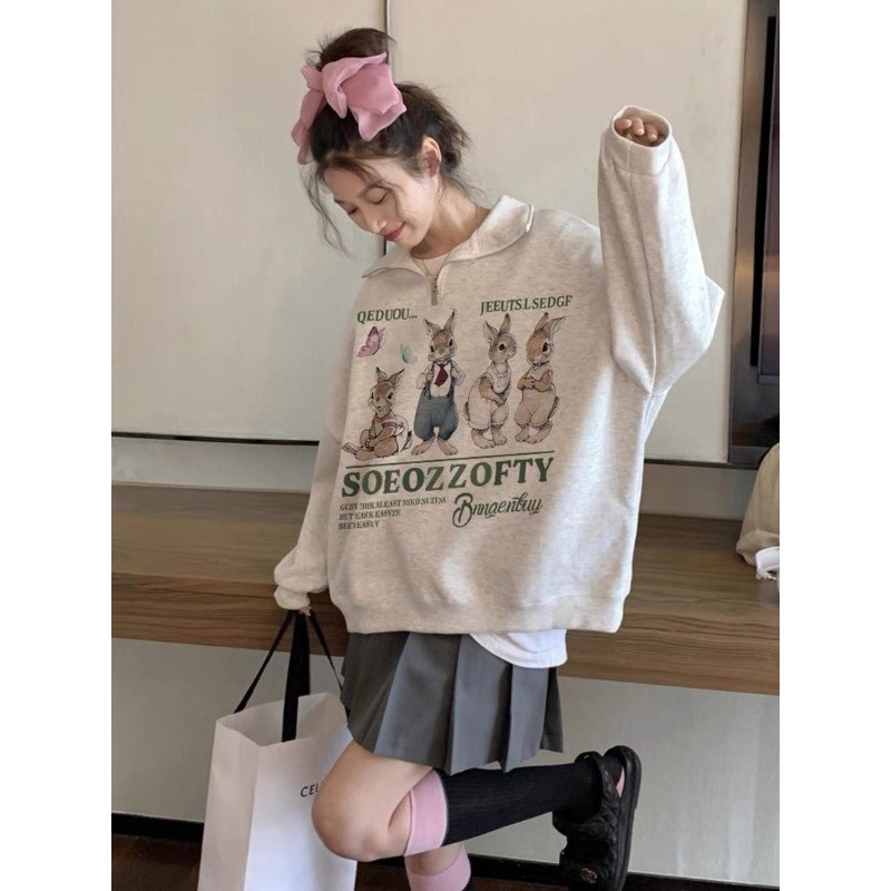 COCO~แขนยาว ท็อปส์ ซิป หลวม รูปภาพกระต่าย แฟชั่น