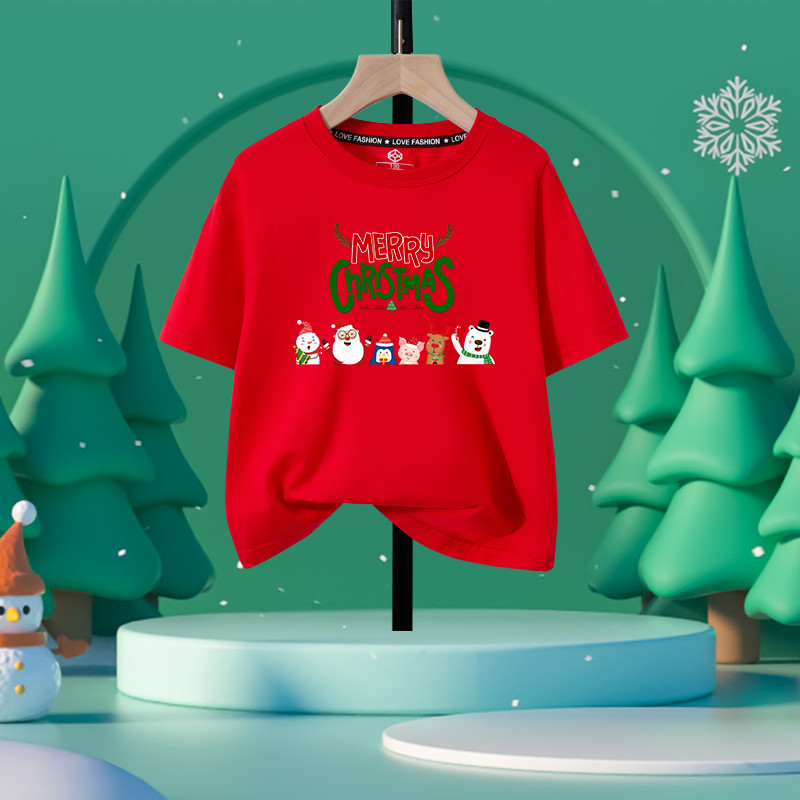 เสื้อยืดแขนสั้นสําหรับเด็กสําหรับธีมคริสต์มาสชุดการแสดงสีแดงสดใสสุขสันต์วันคริสต์มาส