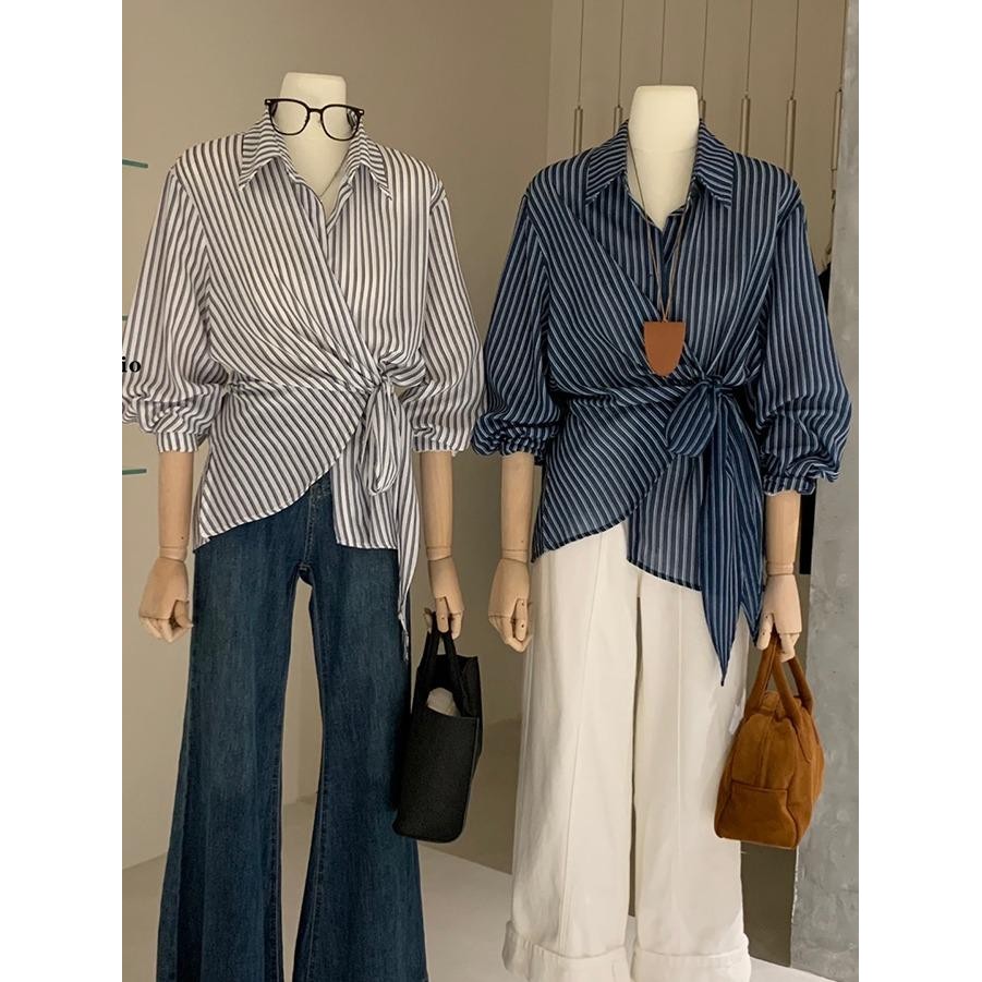 mimi&didi#เสื้อเชิ้ตลายทางไม่สม่ำเสมอของผู้หญิง แขนยาว ความรู้สึกการออกแบบเฉพาะ สไตล์เกาหลี ผูกเชือกเอวบาง#W479