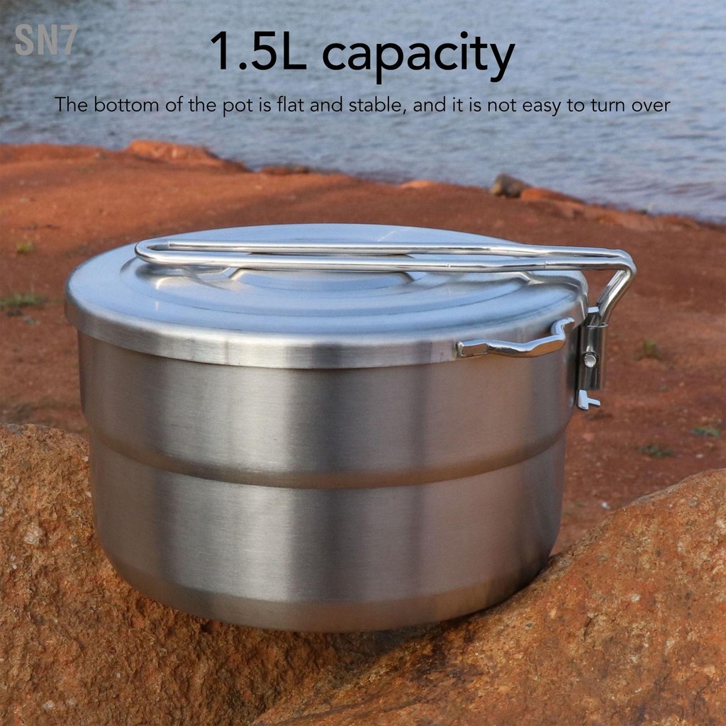 SN7 1.5L Camping หม้อ 304 สแตนเลสพับ Stable Cook หม้อพร้อมฝาปิดสำหรับเดินป่ากลางแจ้ง