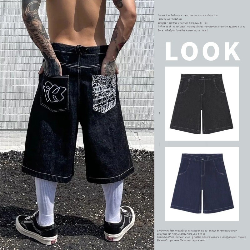 American Jorts สําหรับผู้ชายกางเกงขาสั้นยาวกางเกงขาสั้นผ้ายีนส์ปักลายแฟชั่นคุณภาพสูง