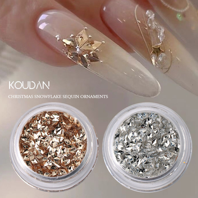 ตกแต่งเล็บ DIY สติ๊กเกอร์ติดเล็บ Rhinestone เลื่อมคริสต์มาสเกล็ดหิมะทองเงิน KOUDAN
