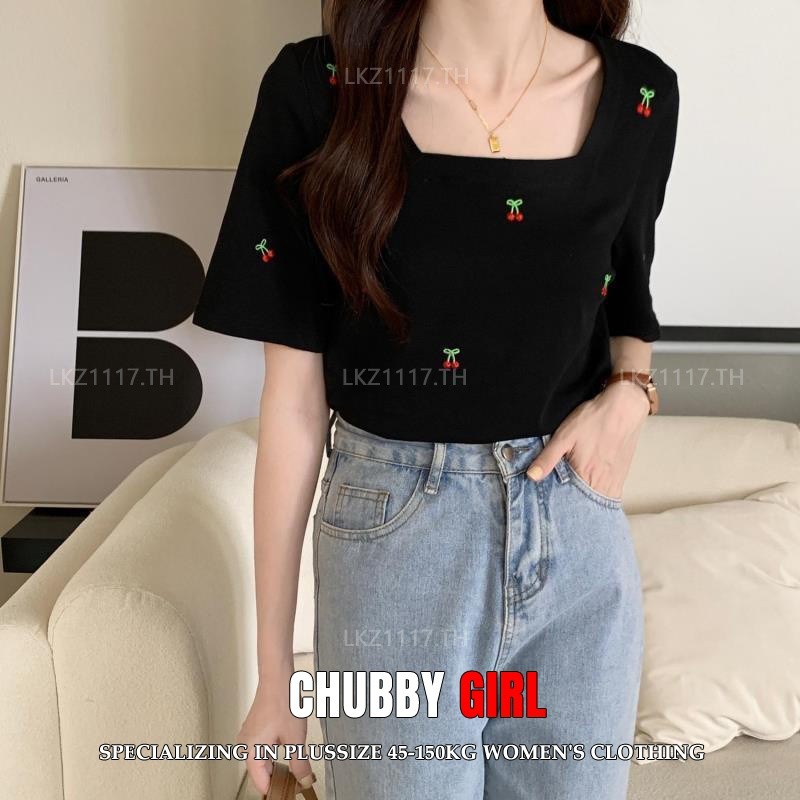 Plus size เสื้อยืดสาวอวบ ไซส์ใหญ่ ผู้หญิง แขนสั้น ทรงสลิมฟิต คอเหลี่ยม ปักลาย สีดำ ฤดูร้อน สไตล์เกาหลีแฟชั่น