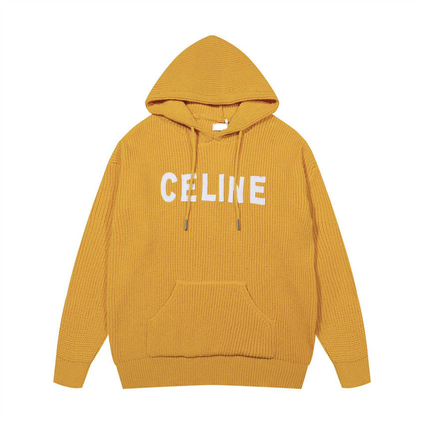 Celine Hooded Chest Letter Patch เสื้อกันหนาวถักเสื้อกันหนาวหลวม