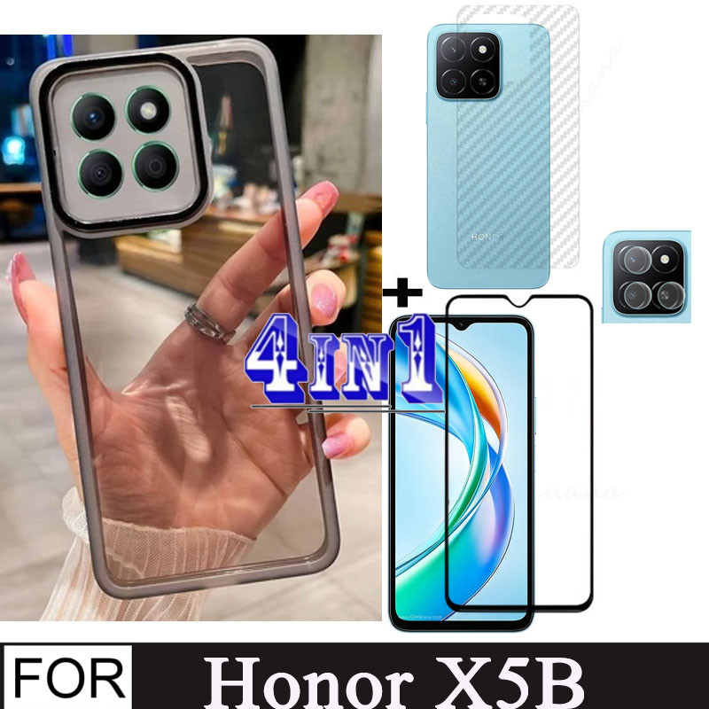 Honor X5b พร้อมเลนส์ป้องกันซิลิโคนกันลื่นเคสโทรศัพท์สําหรับ Honor X6b X7b X8b 4 in 1 ฟิล์มกระจกนิรภั