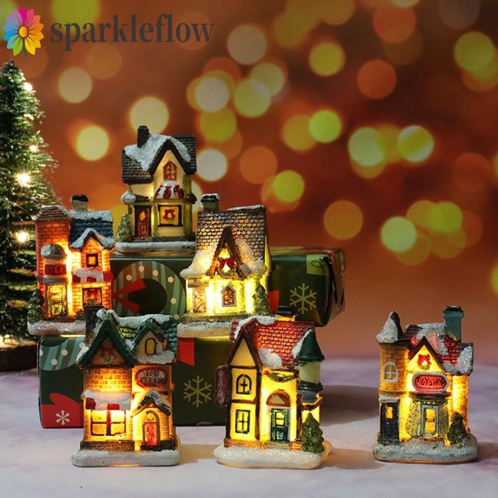 Sparkleflow Village House ปีใหม่ตกแต่งบ้านหุ่นเรซิ่นหัตถกรรม Mini Luminous ตกแต่งคริสต์มาส