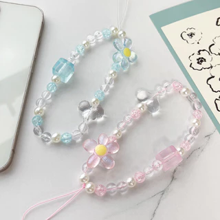 เชือกโทรศัพท์มือถือสายคล้องโทรศัพท์ลายดอกไม้เล็กสีโปร่งแสงพร้อมลูกปัดสีลูกกวาด สายคล้องกระเป๋าพร้อมลูกปัดสีลูกกวาด-CY