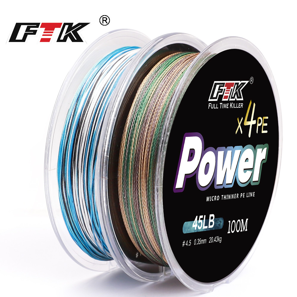 Ftk 100M PE สายถัก 4 ขาตั้งสายตกปลา Strong PE สายถักสีฟ้าหลากสีสีเขียวหลากสี