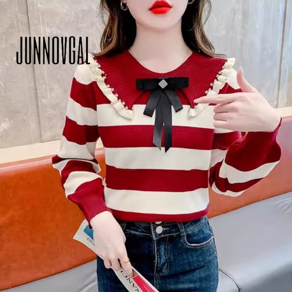 Junnovgal เสื้อกันหนาวผู้หญิง 2024 สไตล์ฤดูหนาวสีตัดกันลาย Bowknot