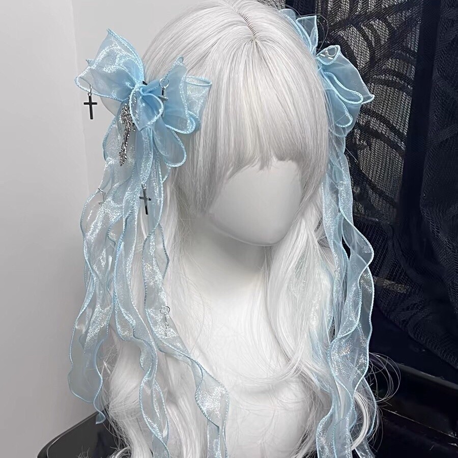 Mine Headdress Hairpin อุปกรณ์หางม้าคู่สไตล์ญี่ปุ่นสไตล์บ้านวัฒนธรรมเอเชีย Aqua Bow Streamer Soft Girl Cross