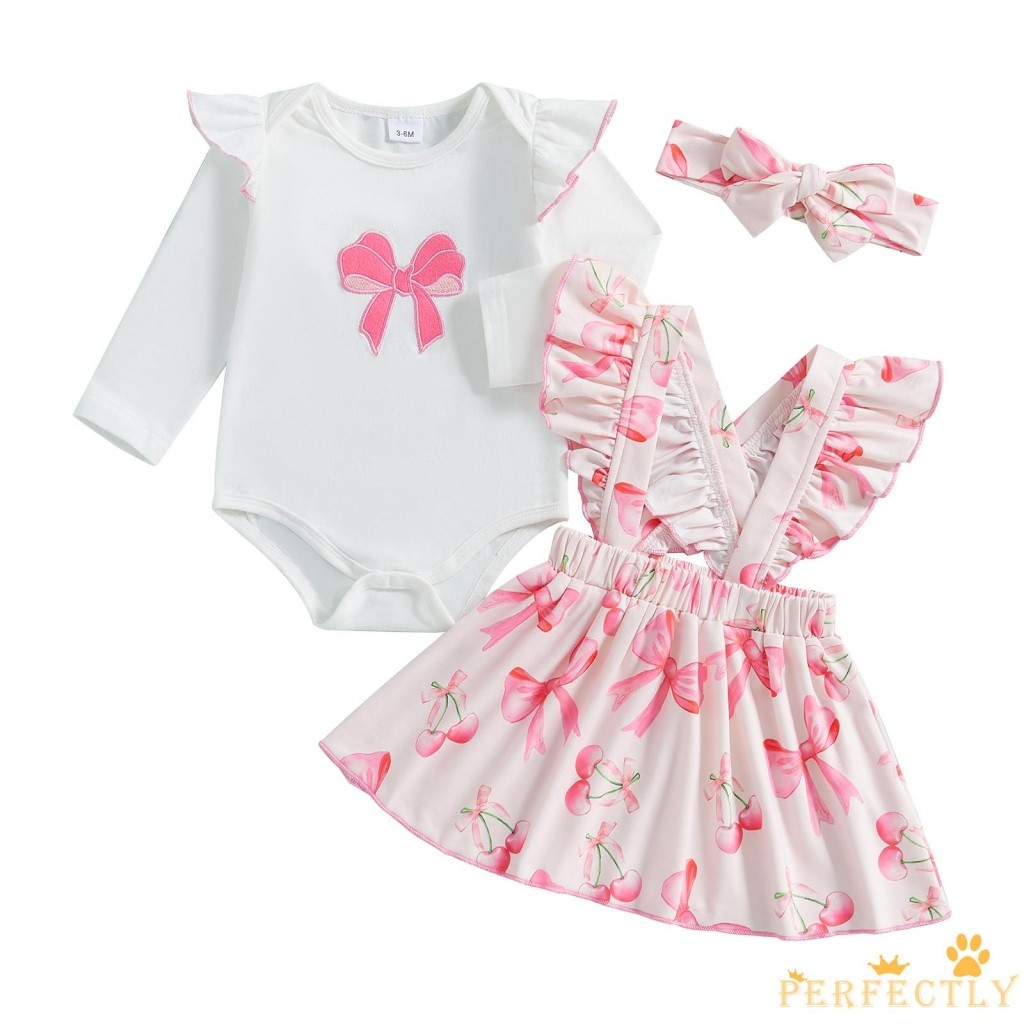 Pef-เด็กทารก 3 ชิ้นชุดชุด Cherry Bow รูปแบบลูกเรือคอเสื้อแขนยาว Rompers พร้อมกระโปรงแขวนพร้อมแถบคาดศีรษะโบว์