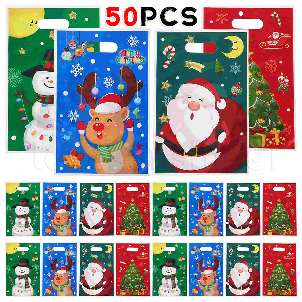 อุปกรณ์ตกแต่งงานปาร์ตี้ปีใหม่คริสต์มาส - ถุงห่อคุกกี้ขนม 50 ชิ้น - ​Merry Christmas Present Bags - กระเป๋าโท้ตโปรดปรานพลาสติก - ลายซานตาคลอส Elk Snowman