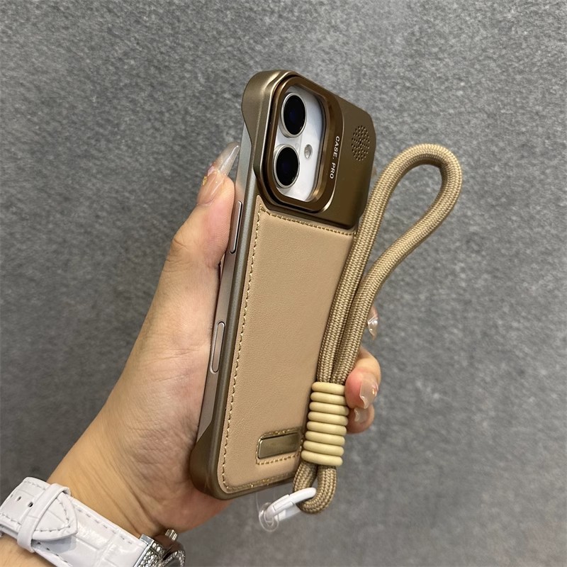 Desert Gold / Rimless / Slim Business Phone case / Metal Lens Holder / Electroplated Plain Leather Hard case/with lanyardเข้ากันได้กับ iPhone 16 15 14 13 12 11 pro max case