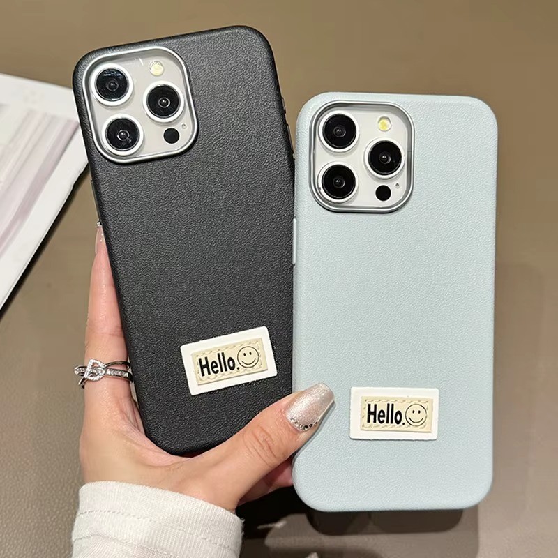น่ารัก Smile Hello Label สําหรับ Samsung S25 S24 Ultra S23 S22 Plus S20 S21 S23 S24 FE หรูหราสีทึบเลนส์โลหะกรอบหนังกันกระแทกนุ่มปกหลัง