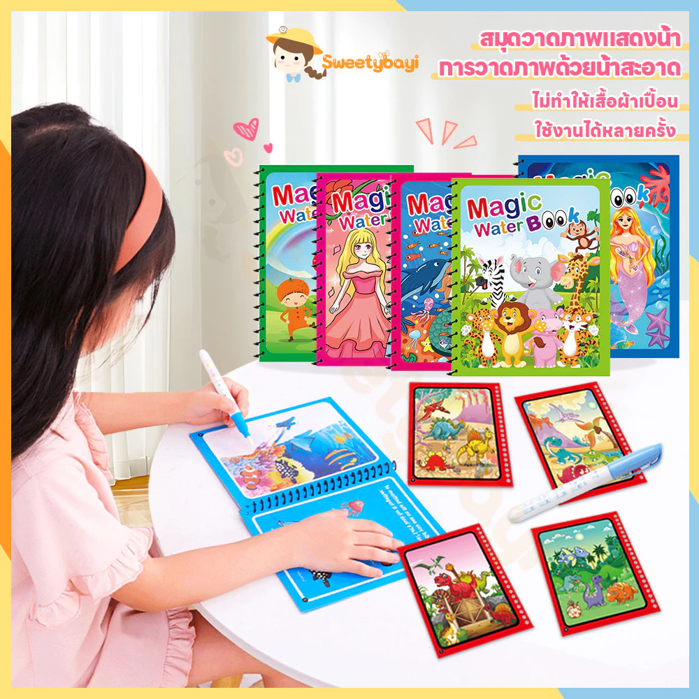 SWEETYBAYI สมุดระบายสี หนังสือเด็ก ใช้ซ้ำๆๆได้ Water book ระบายสี เด็ก สมุดภาพระบายสี 10ธีม ส่งเสริมการจดจำสี