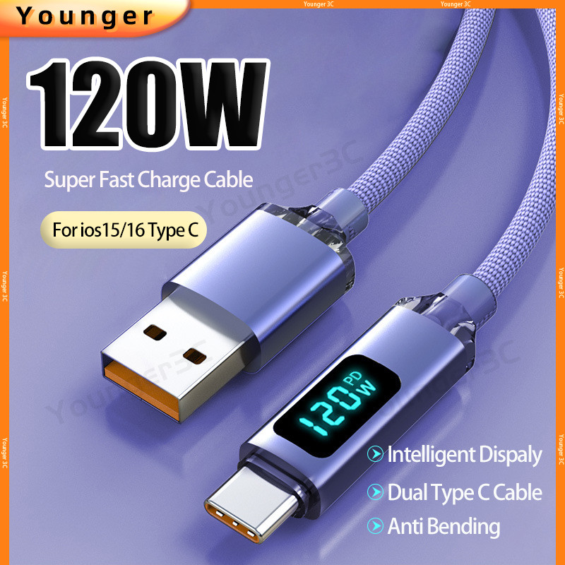 จอแสดงผลดิจิตอลอัจฉริยะ 120W Super Fast สายชาร์จสําหรับ ios15/16 Type C,USB To Type C สายชาร์จพร้อมจอแสดงผลดิจิตอล LED,สายเคเบิลข้อมูล Type C คู่โปร่งใส