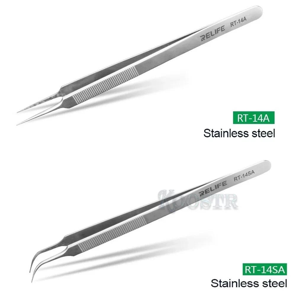 Relife RT-14A/14SA แหนบสแตนเลสความแม่นยําสูงคีมโค้งและตรงสําหรับเครื่องมือซ่อมโทรศัพท์มือถืออิเล็กทร