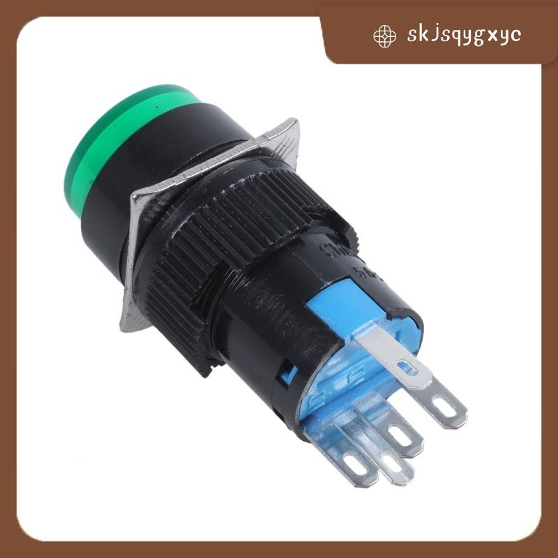 skjsqygxycAC 250v 5A SPDT 1NO 1NC 5 Pins Latching สีเขียวสวิตช์ปุ่มกด w 220V หลอดไฟ LED