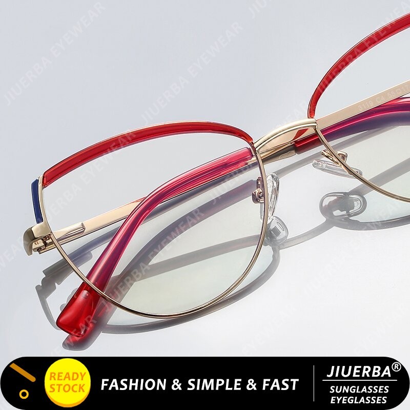 (JIUERBA) แฟชั่น Cat Eye Vintage สีแดงแว่นตาสําหรับผู้หญิง TR90 แว่นตาออปติคอลป้องกันรังสี