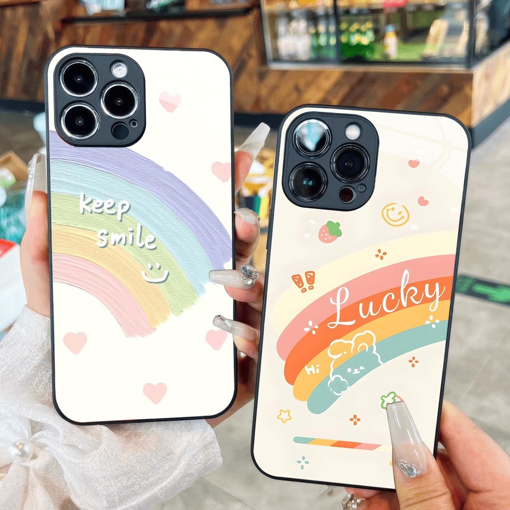 Keep Smile Lucky Rainbow แก้วสําหรับ iPhone 17 16 15 14 13 12 11 8 7 6 6s 6p 7p 8p 6g 7g 8g Pro Max 