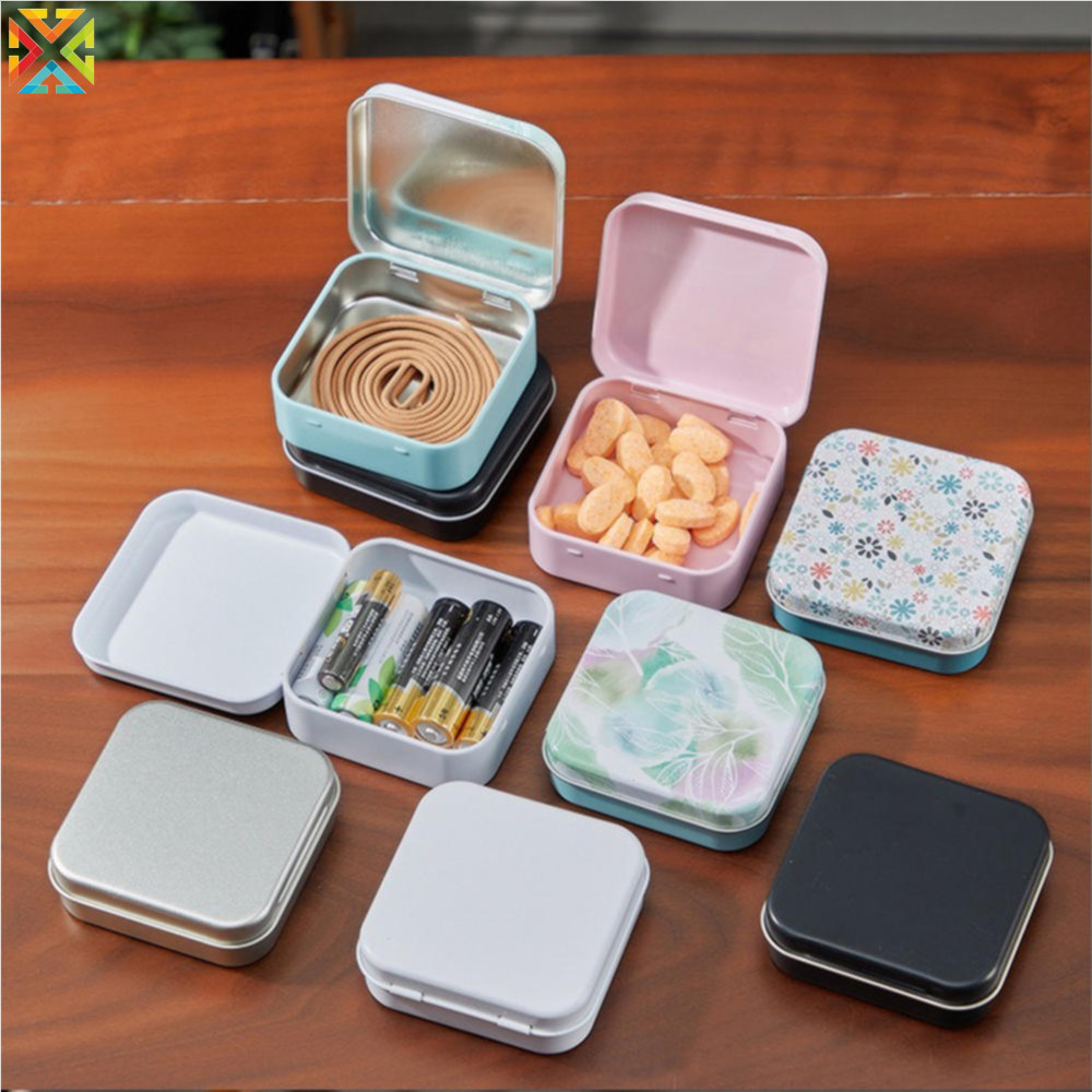 1ชิ้นสแควร์สีพลิกด้านบนกล่องดีบุกแบบพกพาเครื่องประดับลูกอมยากล่องเก็บมือสติ๊กเกอร์กรณีหูฟังออแกไนเซอร์