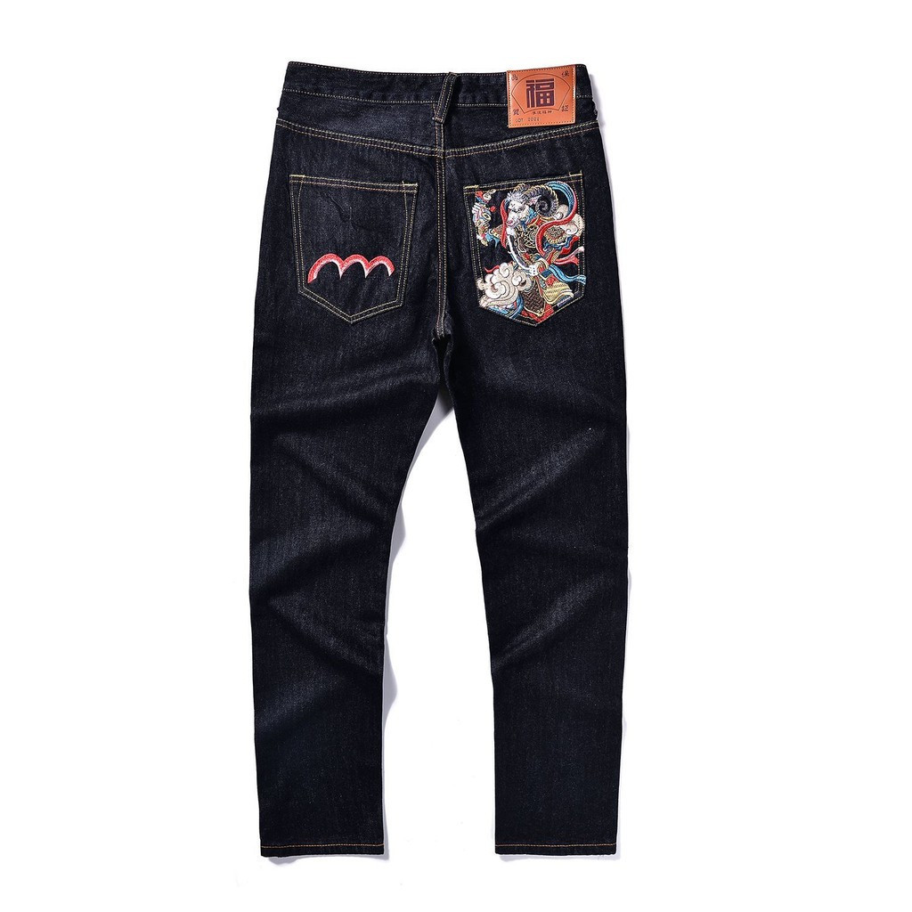 Evisu ยีนส์ปักลาย Evisu กางเกงหลวมตรงสำหรับผู้ชาย