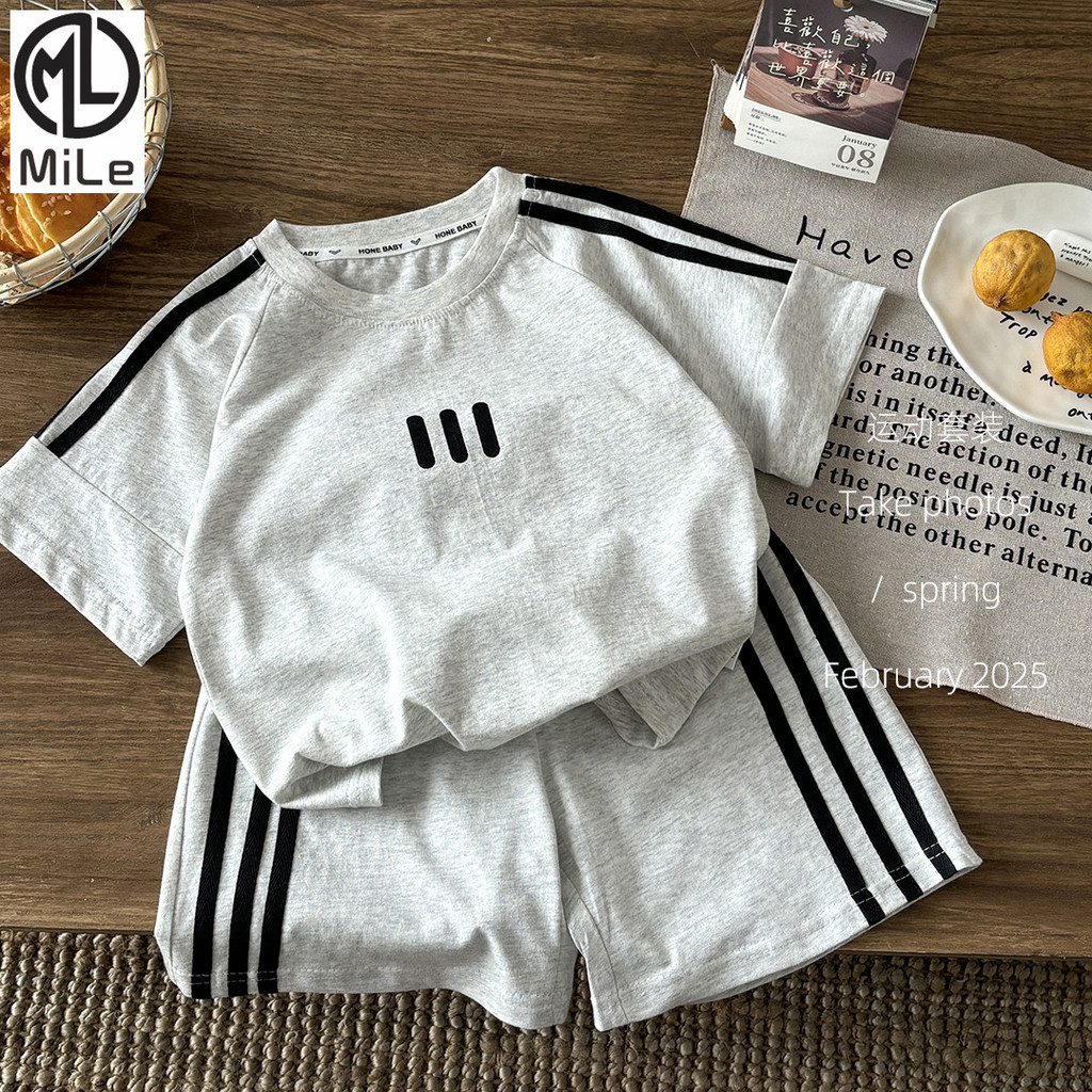 [ML] 80-170 ซม.เด็กฤดูร้อนแขนสั้นชุดเสื้อยืดสองชิ้นผ้าฝ้ายแท้เวอร์ชั่นเกาหลีขนาดกลางขนาดใหญ่เด็กสูททุกการแข่งขันเย็บชาย