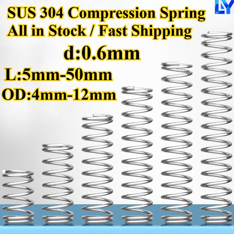 [ลี่-เฮ้] 304 สแตนเลส, สปริงบีบอัด (เส้นผ่าศูนย์กลางลวด 0.6 มม. * เส้นผ่านศูนย์กลางภายนอก 4 มม.-12 มม. * ยาว 5 มม.-50 มม.) สปริงโช้คอัพ สปริงแรงดันความแม่นยํา