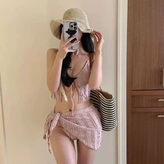 💙 ส่งไวจากไทย 🤍 บิกินี่ 3 ชิ้น Bikini Set ชุดว่ายน้ำเซ็กซี่ เสื้อโบว์ กางเกงผูก มีฟองน้ำ สไตล์เกาหลี