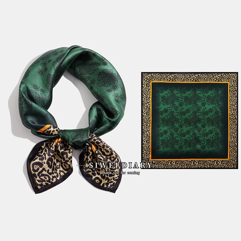 ผ้าพันคอเล็กพิมพ์เสือดาว 100% ผ้าไหมหม่อน ผ้าพันคอไหมสีเขียว ผ้าพันคออเนกประสงค์สำหรับผู้หญิง ป้องกั