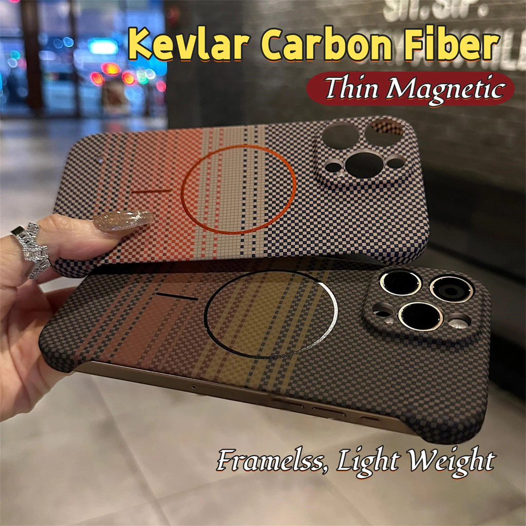 เคสโทรศัพท์แม่เหล็กคาร์บอนไฟเบอร์บางเฉียบสําหรับ iPhone 16 15 14 Plus 13 12 11 Pro Max Frameless Kevlar Texture PC Hard Cover